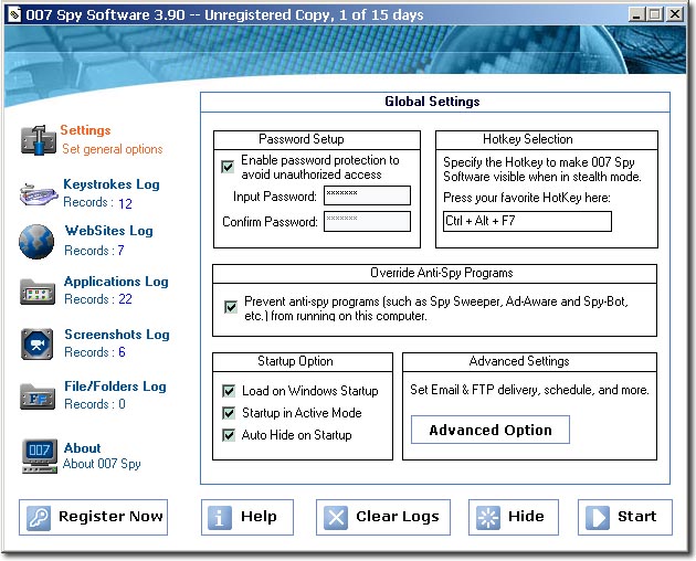 Advanced Spy Software Settings