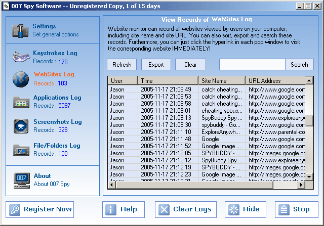 007 Spy Software - Track user activity and send logs via email.